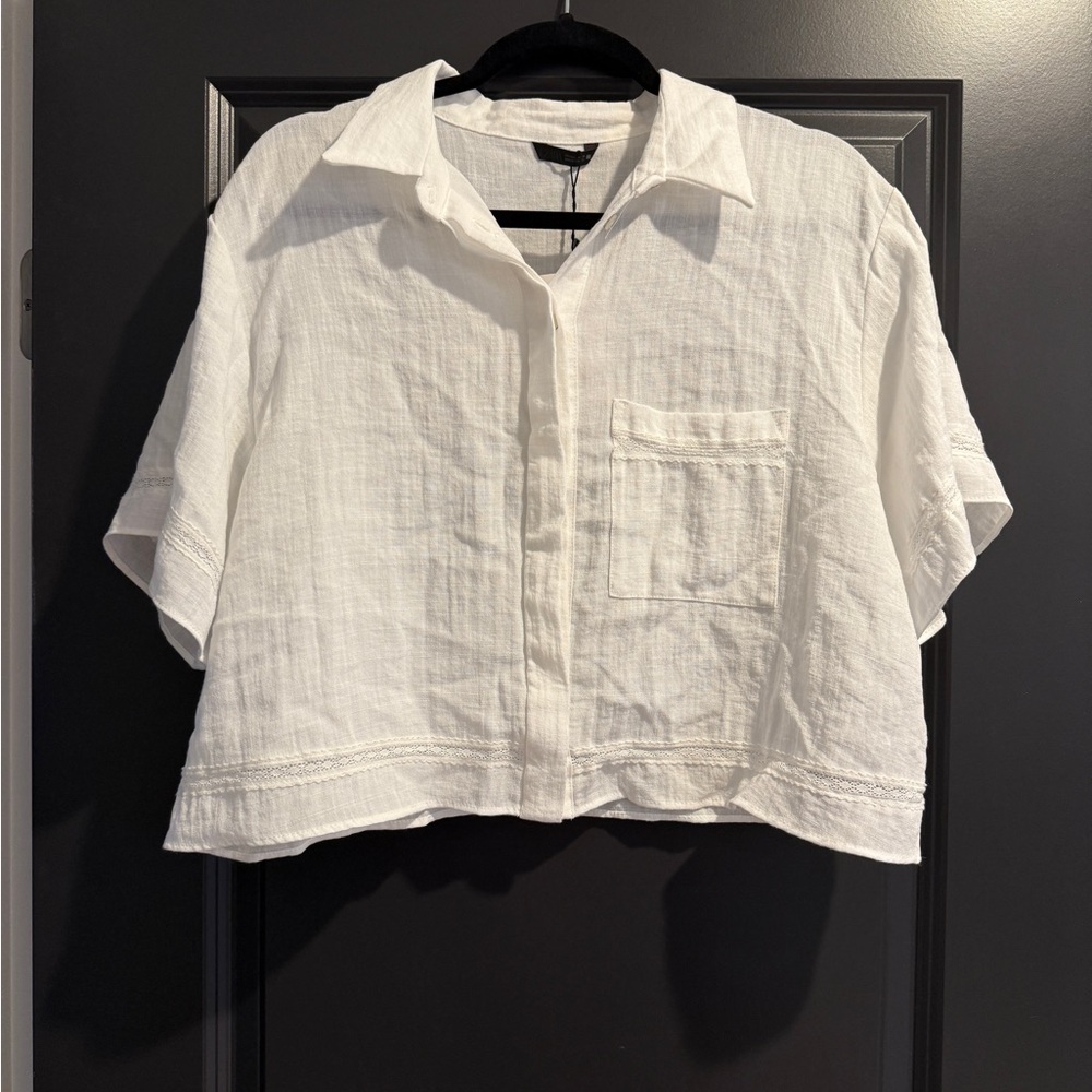 Zara White Linen Button-Up Cropped Shirt (S)